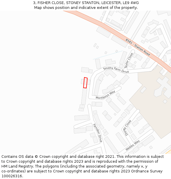 3, FISHER CLOSE, STONEY STANTON, LEICESTER, LE9 4WG: Location map and indicative extent of plot