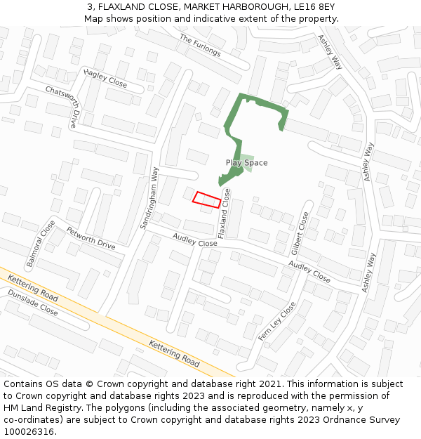 3, FLAXLAND CLOSE, MARKET HARBOROUGH, LE16 8EY: Location map and indicative extent of plot