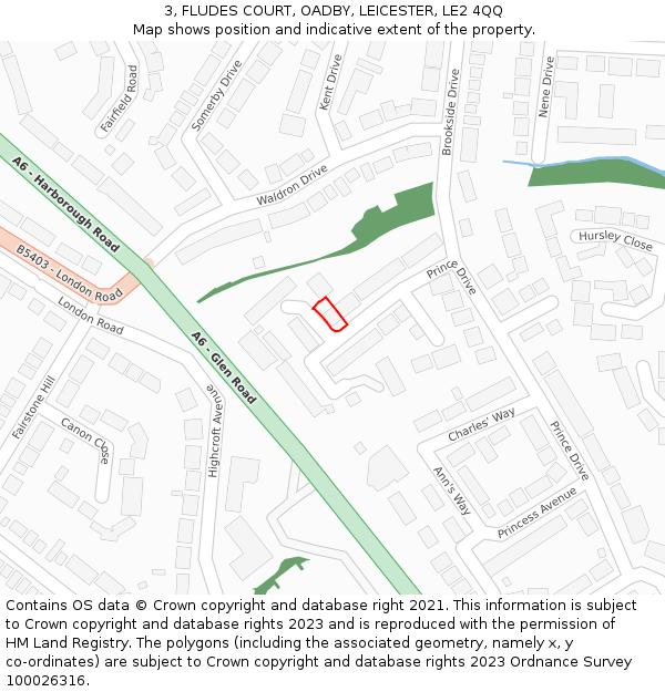 3, FLUDES COURT, OADBY, LEICESTER, LE2 4QQ: Location map and indicative extent of plot