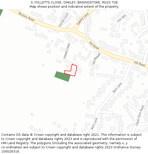 3, FOLLETTS CLOSE, OAKLEY, BASINGSTOKE, RG23 7GE: Location map and indicative extent of plot