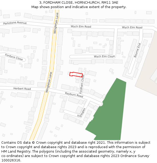 3, FORDHAM CLOSE, HORNCHURCH, RM11 3AE: Location map and indicative extent of plot