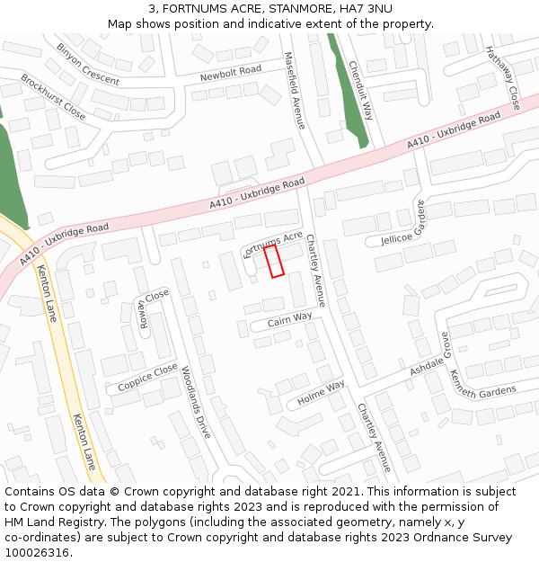 3, FORTNUMS ACRE, STANMORE, HA7 3NU: Location map and indicative extent of plot