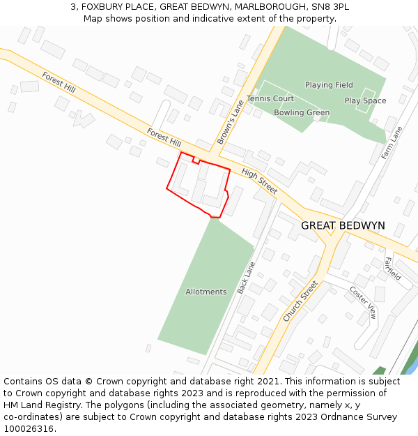 3, FOXBURY PLACE, GREAT BEDWYN, MARLBOROUGH, SN8 3PL: Location map and indicative extent of plot