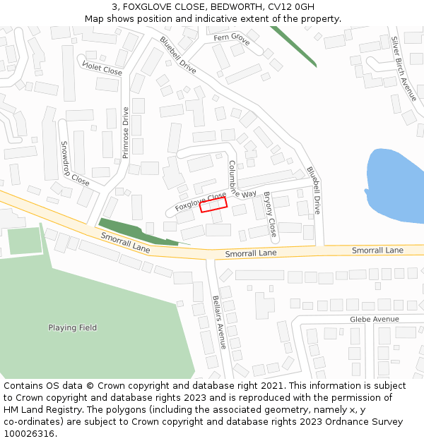 3, FOXGLOVE CLOSE, BEDWORTH, CV12 0GH: Location map and indicative extent of plot