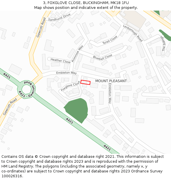 3, FOXGLOVE CLOSE, BUCKINGHAM, MK18 1FU: Location map and indicative extent of plot