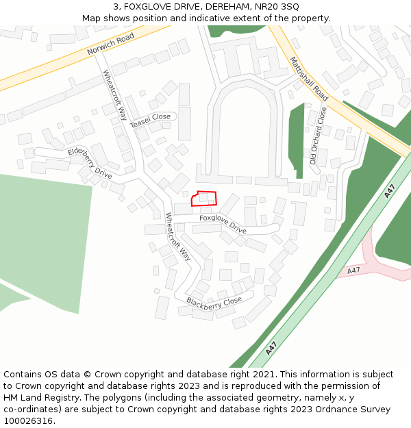 3, FOXGLOVE DRIVE, DEREHAM, NR20 3SQ: Location map and indicative extent of plot