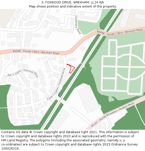 3, FOXWOOD DRIVE, WREXHAM, LL14 4JA: Location map and indicative extent of plot