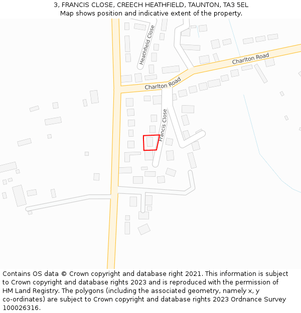 3, FRANCIS CLOSE, CREECH HEATHFIELD, TAUNTON, TA3 5EL: Location map and indicative extent of plot