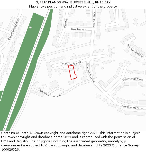 3, FRANKLANDS WAY, BURGESS HILL, RH15 0AX: Location map and indicative extent of plot