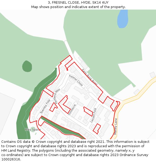 3, FRESNEL CLOSE, HYDE, SK14 4UY: Location map and indicative extent of plot