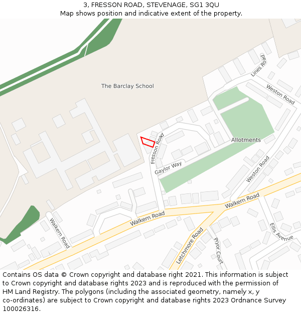 3, FRESSON ROAD, STEVENAGE, SG1 3QU: Location map and indicative extent of plot