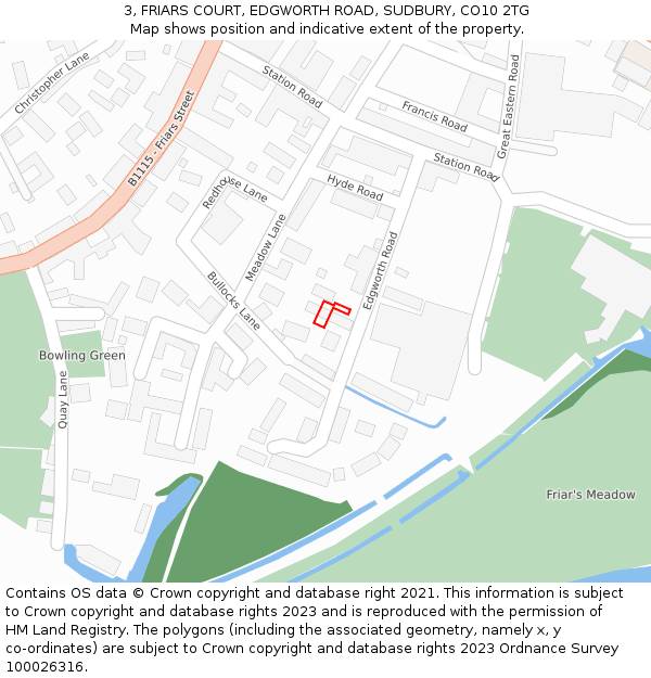 3, FRIARS COURT, EDGWORTH ROAD, SUDBURY, CO10 2TG: Location map and indicative extent of plot