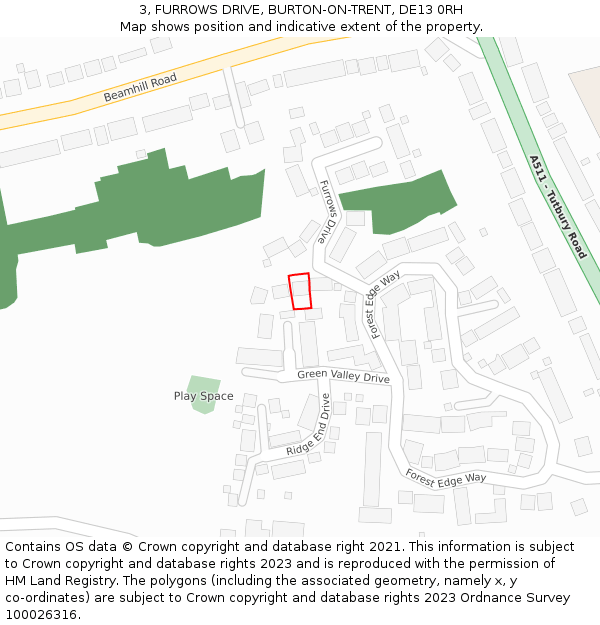 3, FURROWS DRIVE, BURTON-ON-TRENT, DE13 0RH: Location map and indicative extent of plot