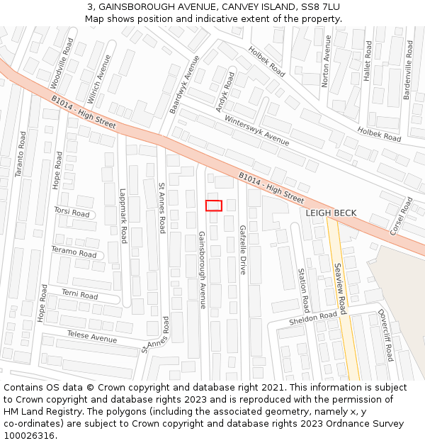 3, GAINSBOROUGH AVENUE, CANVEY ISLAND, SS8 7LU: Location map and indicative extent of plot