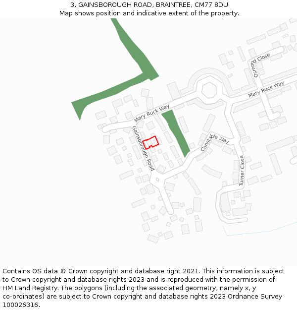 3, GAINSBOROUGH ROAD, BRAINTREE, CM77 8DU: Location map and indicative extent of plot