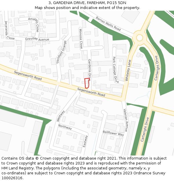 3, GARDENIA DRIVE, FAREHAM, PO15 5DN: Location map and indicative extent of plot