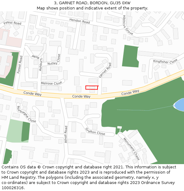 3, GARNET ROAD, BORDON, GU35 0XW: Location map and indicative extent of plot