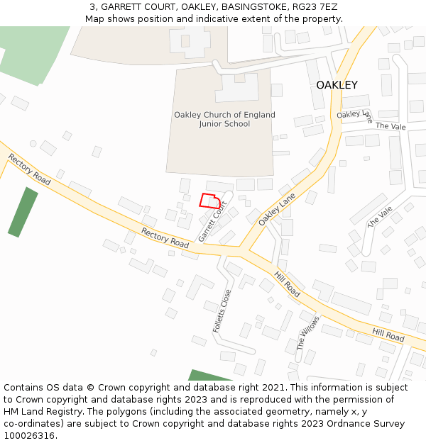 3, GARRETT COURT, OAKLEY, BASINGSTOKE, RG23 7EZ: Location map and indicative extent of plot