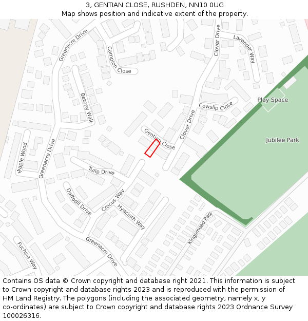 3, GENTIAN CLOSE, RUSHDEN, NN10 0UG: Location map and indicative extent of plot