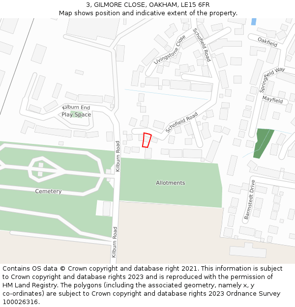 3, GILMORE CLOSE, OAKHAM, LE15 6FR: Location map and indicative extent of plot