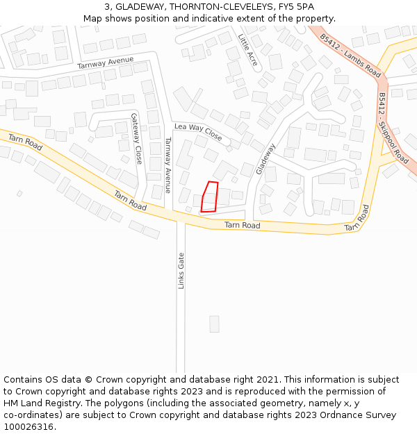 3, GLADEWAY, THORNTON-CLEVELEYS, FY5 5PA: Location map and indicative extent of plot