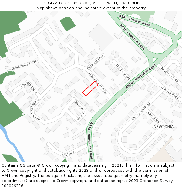 3, GLASTONBURY DRIVE, MIDDLEWICH, CW10 9HR: Location map and indicative extent of plot