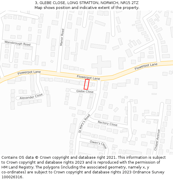 3, GLEBE CLOSE, LONG STRATTON, NORWICH, NR15 2TZ: Location map and indicative extent of plot