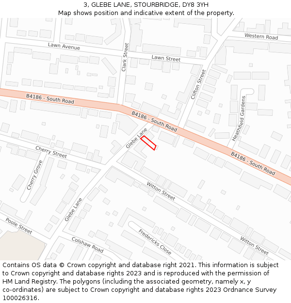3, GLEBE LANE, STOURBRIDGE, DY8 3YH: Location map and indicative extent of plot
