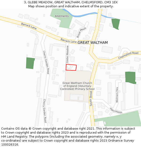 3, GLEBE MEADOW, GREAT WALTHAM, CHELMSFORD, CM3 1EX: Location map and indicative extent of plot