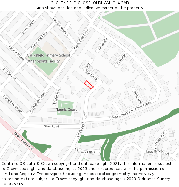 3, GLENFIELD CLOSE, OLDHAM, OL4 3AB: Location map and indicative extent of plot