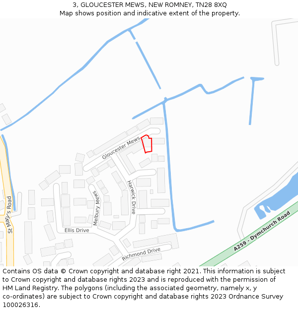 3, GLOUCESTER MEWS, NEW ROMNEY, TN28 8XQ: Location map and indicative extent of plot