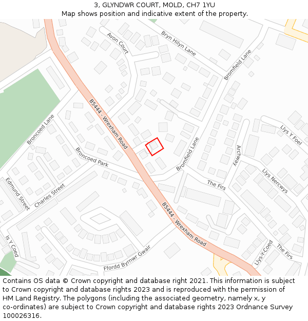 3, GLYNDWR COURT, MOLD, CH7 1YU: Location map and indicative extent of plot