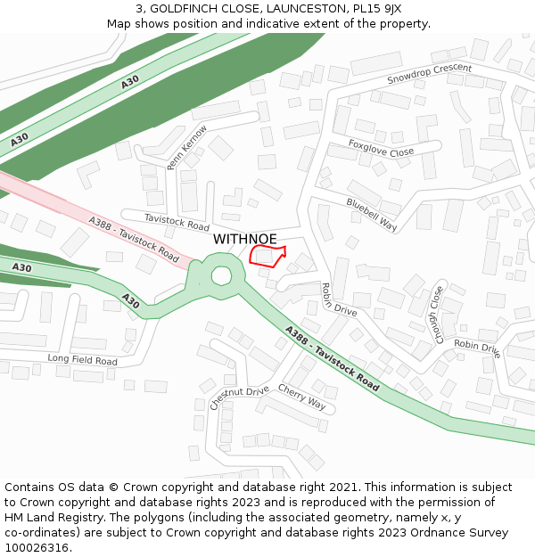 3, GOLDFINCH CLOSE, LAUNCESTON, PL15 9JX: Location map and indicative extent of plot