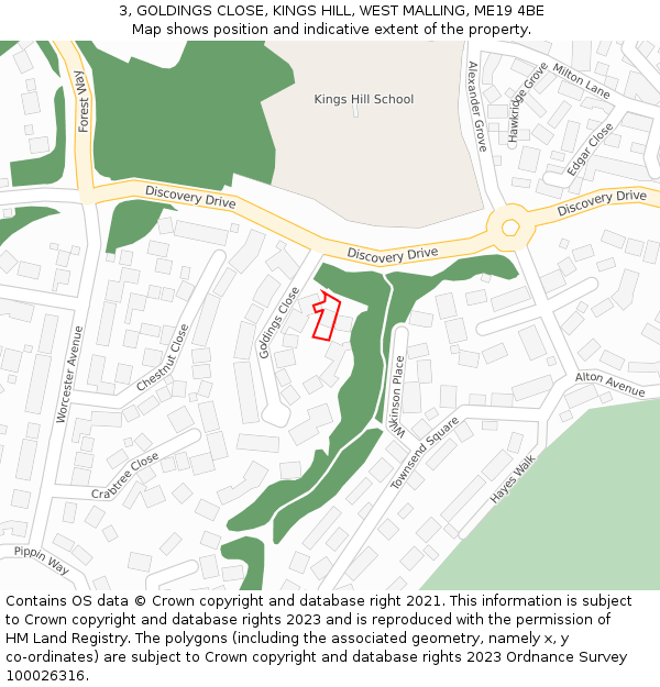 3, GOLDINGS CLOSE, KINGS HILL, WEST MALLING, ME19 4BE: Location map and indicative extent of plot