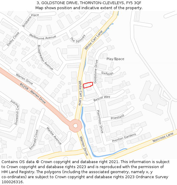 3, GOLDSTONE DRIVE, THORNTON-CLEVELEYS, FY5 3QF: Location map and indicative extent of plot