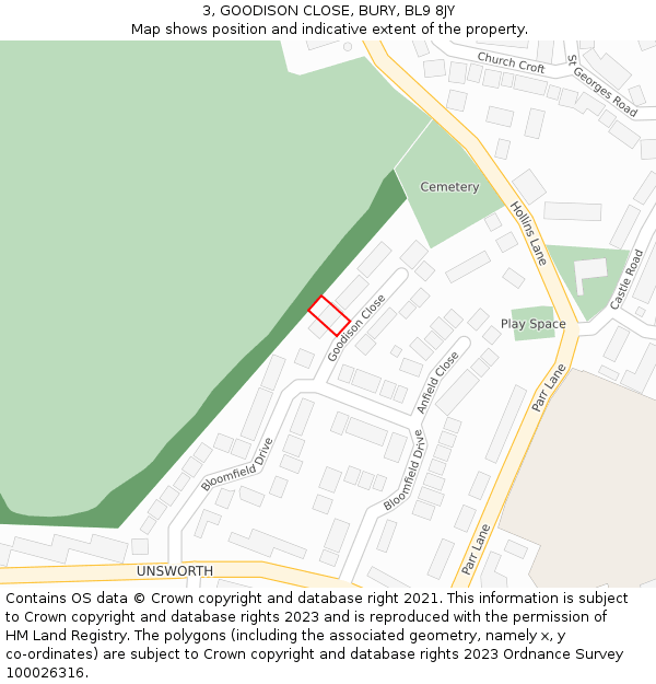 3, GOODISON CLOSE, BURY, BL9 8JY: Location map and indicative extent of plot