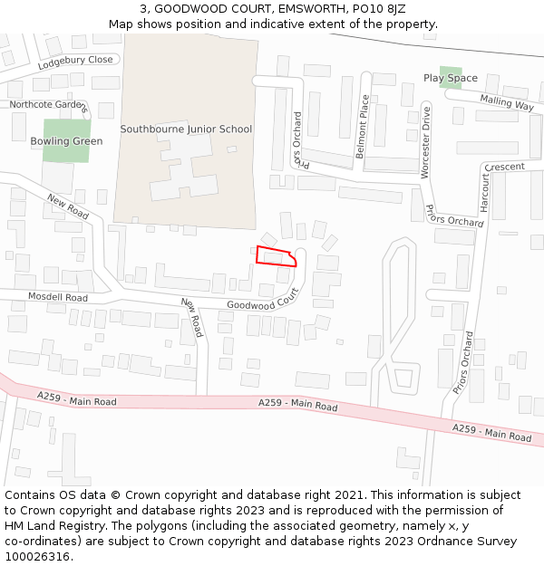 3, GOODWOOD COURT, EMSWORTH, PO10 8JZ: Location map and indicative extent of plot