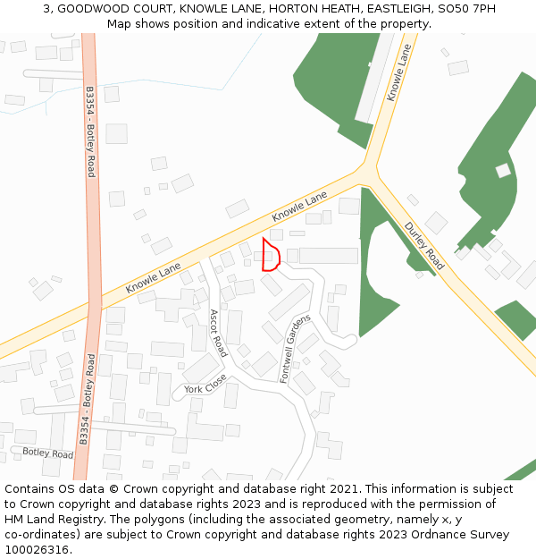 3, GOODWOOD COURT, KNOWLE LANE, HORTON HEATH, EASTLEIGH, SO50 7PH: Location map and indicative extent of plot