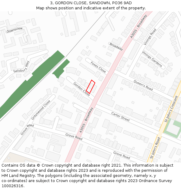 3, GORDON CLOSE, SANDOWN, PO36 9AD: Location map and indicative extent of plot