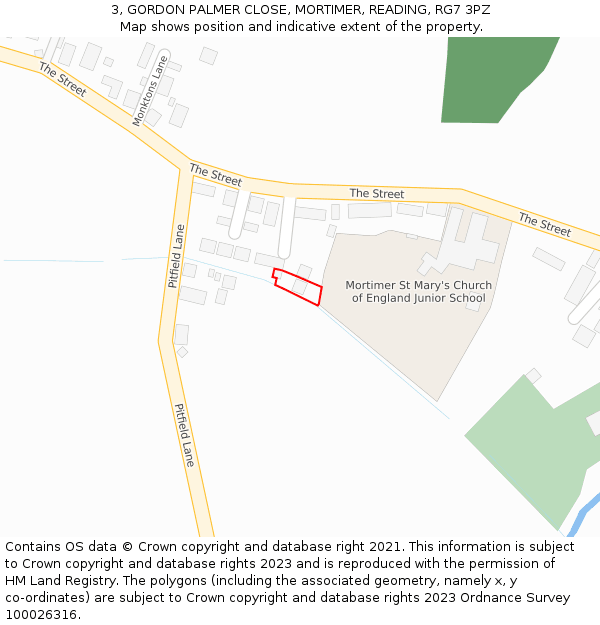 3, GORDON PALMER CLOSE, MORTIMER, READING, RG7 3PZ: Location map and indicative extent of plot