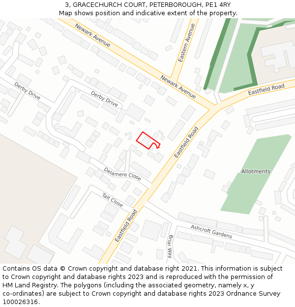 3, GRACECHURCH COURT, PETERBOROUGH, PE1 4RY: Location map and indicative extent of plot