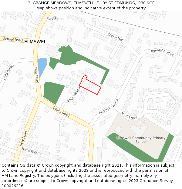 3, GRANGE MEADOWS, ELMSWELL, BURY ST EDMUNDS, IP30 9GE: Location map and indicative extent of plot
