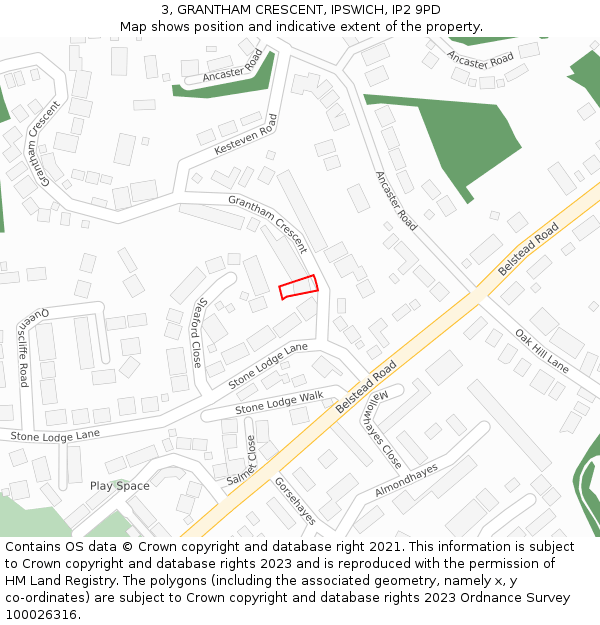 3, GRANTHAM CRESCENT, IPSWICH, IP2 9PD: Location map and indicative extent of plot