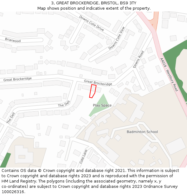 3, GREAT BROCKERIDGE, BRISTOL, BS9 3TY: Location map and indicative extent of plot