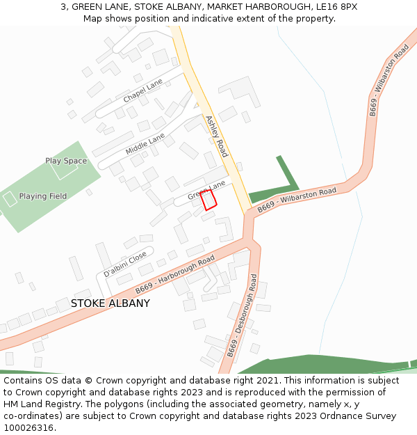 3, GREEN LANE, STOKE ALBANY, MARKET HARBOROUGH, LE16 8PX: Location map and indicative extent of plot