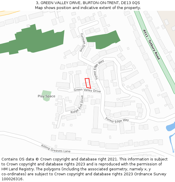 3, GREEN VALLEY DRIVE, BURTON-ON-TRENT, DE13 0QS: Location map and indicative extent of plot