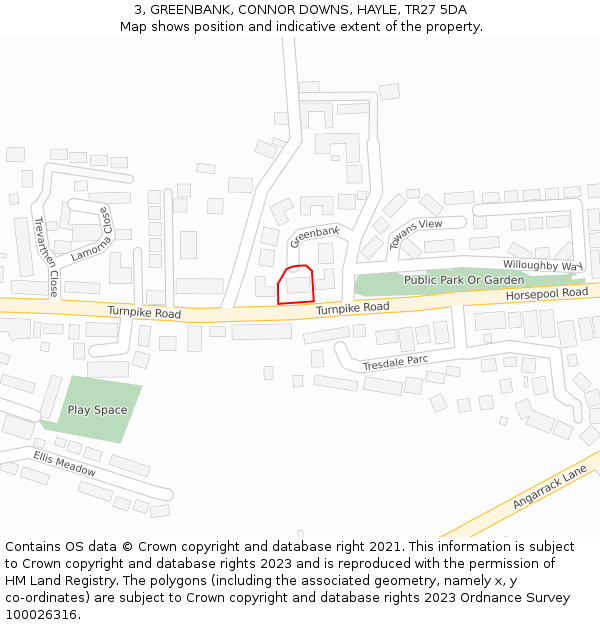 3, GREENBANK, CONNOR DOWNS, HAYLE, TR27 5DA: Location map and indicative extent of plot