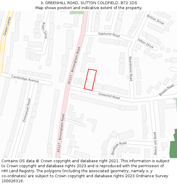 3, GREENHILL ROAD, SUTTON COLDFIELD, B72 1DS: Location map and indicative extent of plot