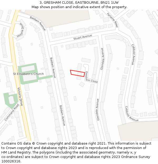 3, GRESHAM CLOSE, EASTBOURNE, BN21 1UW: Location map and indicative extent of plot