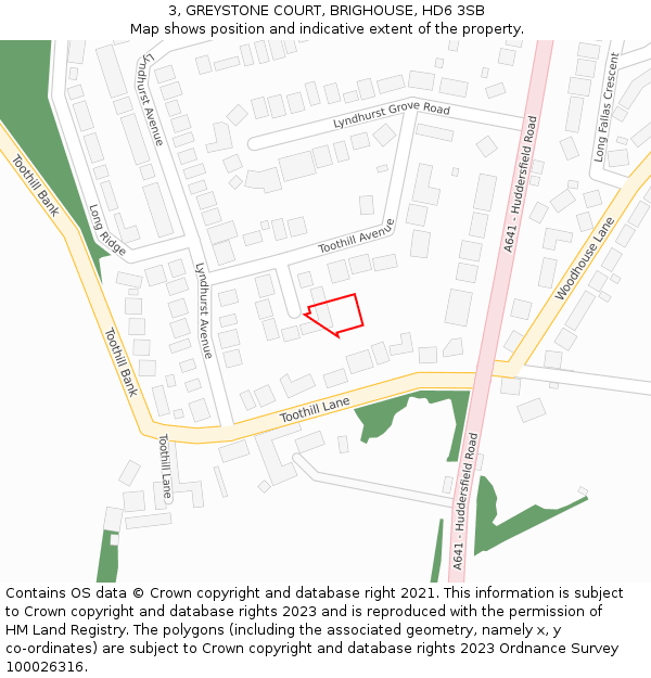 3, GREYSTONE COURT, BRIGHOUSE, HD6 3SB: Location map and indicative extent of plot